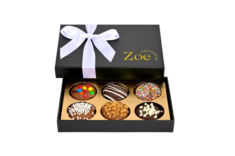 CRAVINGS BY ZOE gift box with six cookies in a luxe black and gold presentation