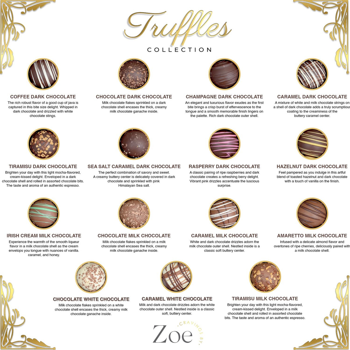 CRAVINGS BY ZOE assorted truffles flavors including amaretto and caramel for celebrations