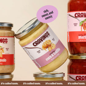 Cravings by Chrissy Teigen Italian-made pasta sauce jar on a kitchen counter