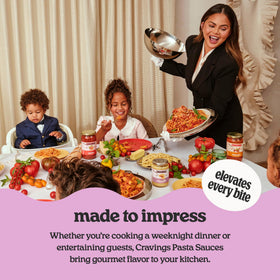 Cravings by Chrissy Teigen sauce swirl over pasta with premium cheese and corn