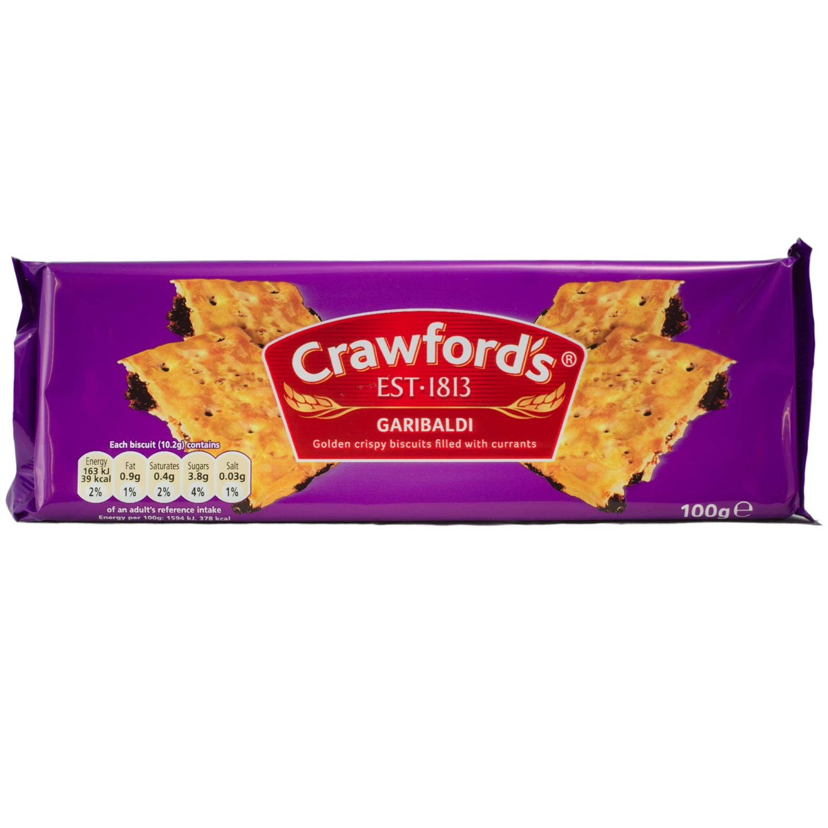 Crawford's Garibaldi biscuits front view, 4x100g pack ideal for tea-time sharing.