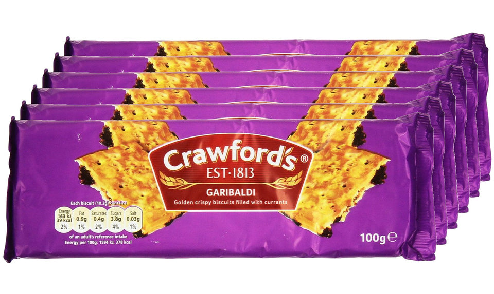 Crawfords Garibaldi biscuits front pack, ideal tea time currant-filled snack.