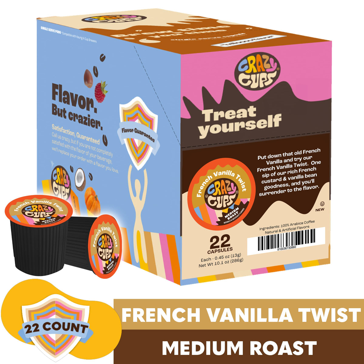 Crazy Cups 100 percent Arabica beans, balanced medium roast for smooth brew.