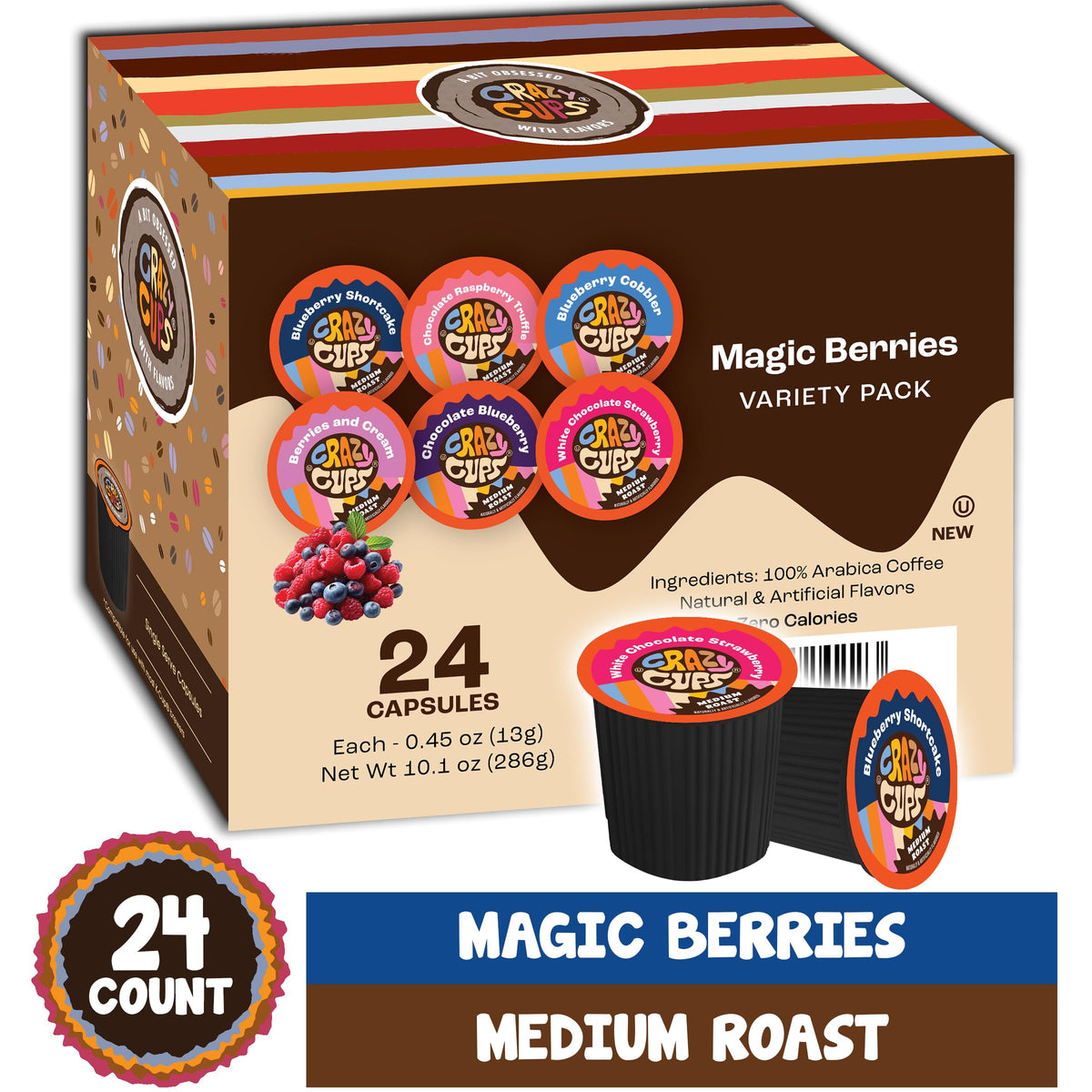 Crazy Cups Berries and Cream coffee pods offering creamy berry flavor for mornings
