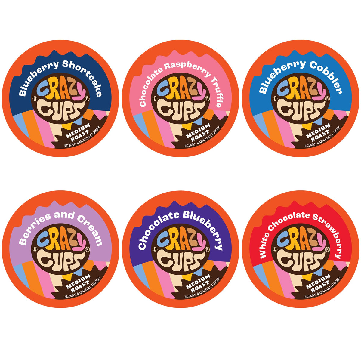 Crazy Cups Blueberry Coffee Pods Variety Pack with six berry flavors for Keurig brewers