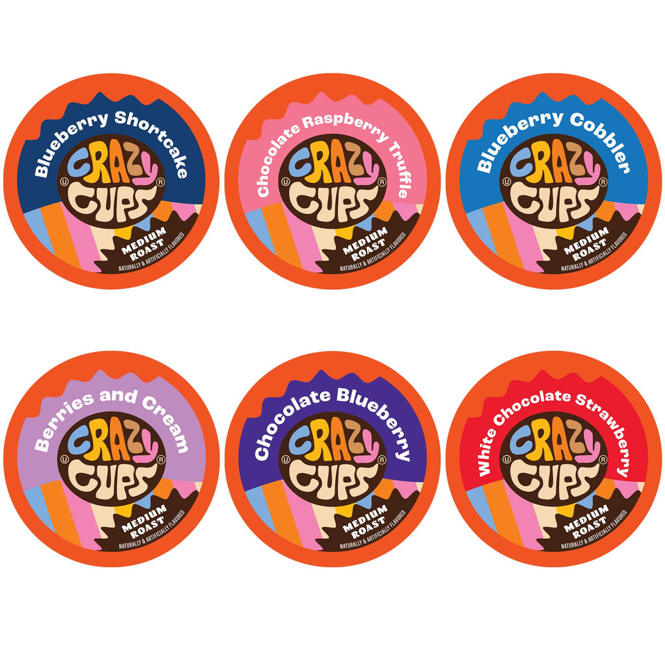 Crazy Cups Blueberry Coffee Pods Variety Pack with six berry flavors for Keurig brewers