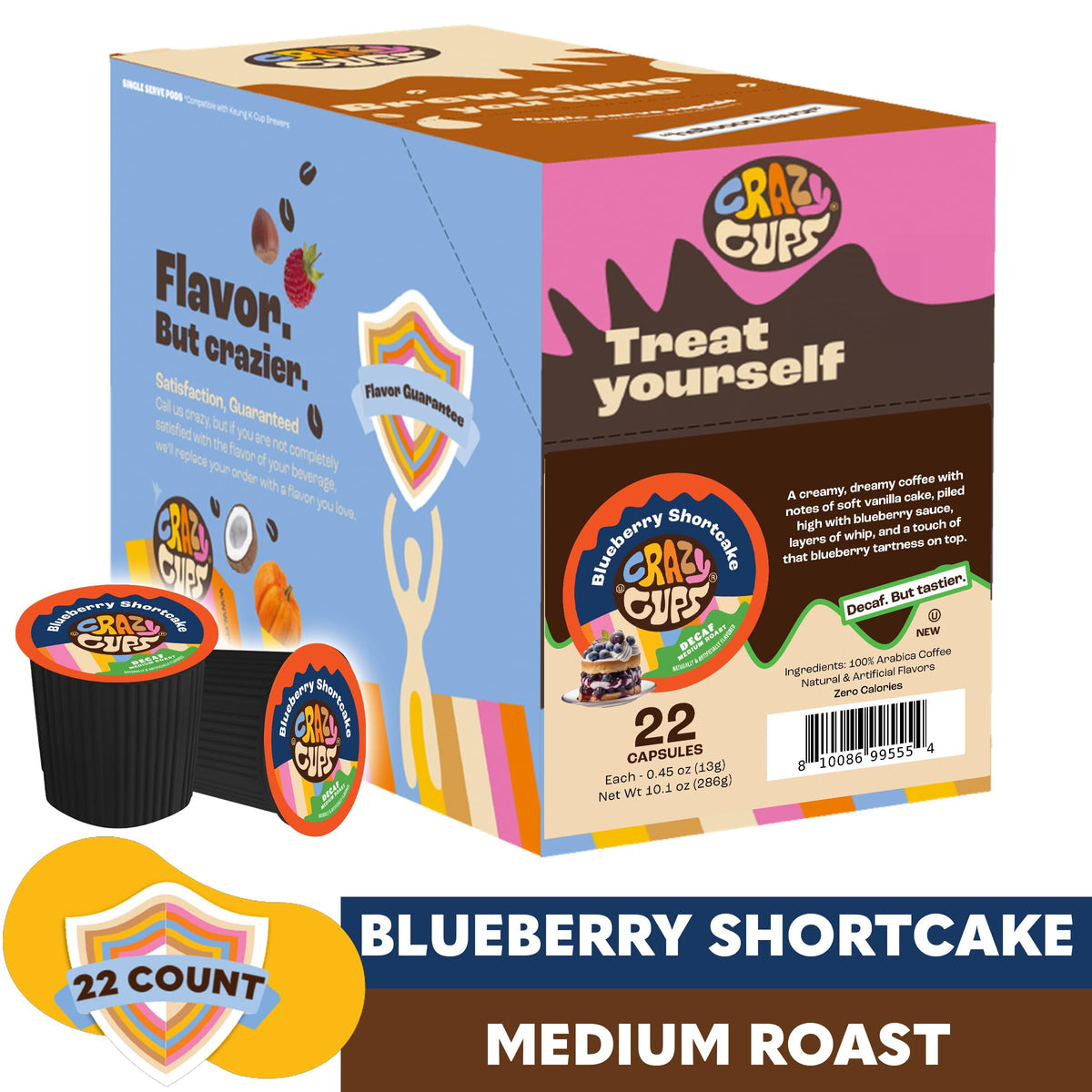 Crazy Cups blueberry decaf pods beside Keurig brewer showing compatibility.