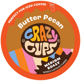 Crazy Cups Butter Pecan Swirl coffee pod in focus, bold flavor hint for a rich morning
