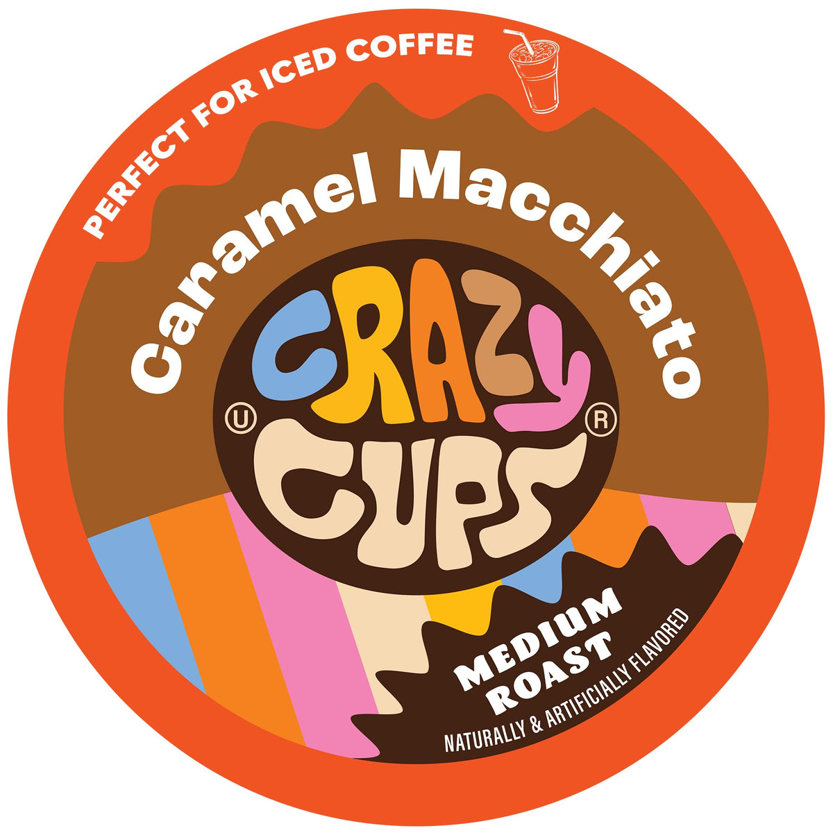 Crazy Cups Caramel Macchiato pods close-up showcases bold flavor in premium Keurig compatible capsules.