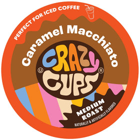 Crazy Cups Caramel Macchiato pods close-up showcases bold flavor in premium Keurig compatible capsules.