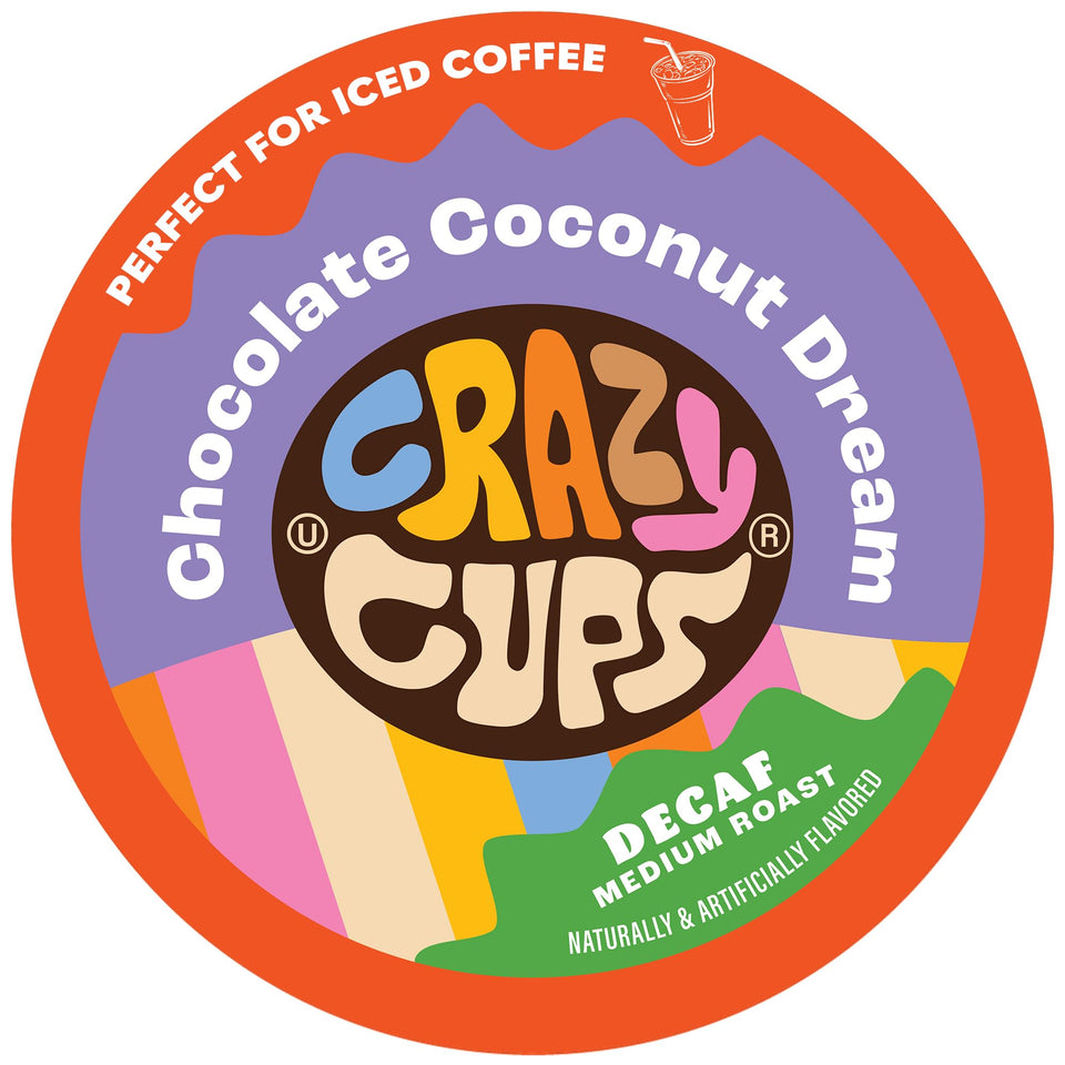 Crazy Cups Chocolate Coconut Dream decaf cup for hot or iced coffee.