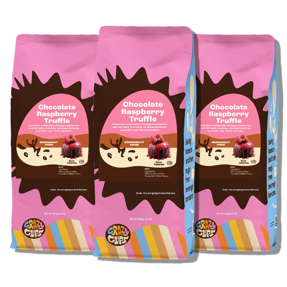 Crazy Cups Chocolate Raspberry coffee bag displays bold flavor packaging for mornings