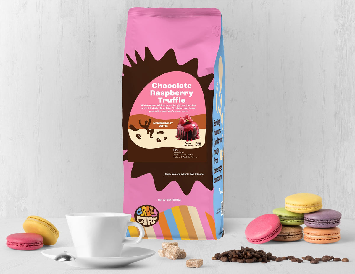 Crazy Cups Chocolate Raspberry ground coffee closeup shows natural flavors and aroma