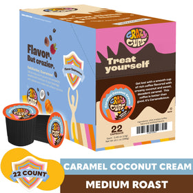 Crazy Cups Coconut Caramel pod packaging highlights recyclable packaging and eco-friendly brewing