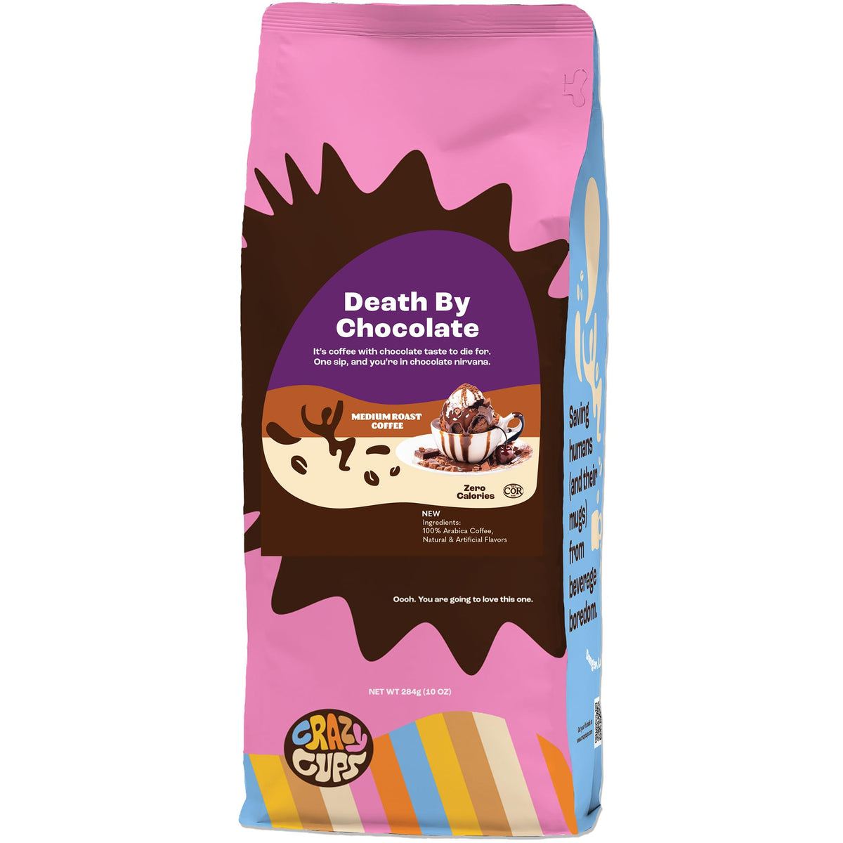 Crazy Cups Death By Chocolate coffee bag showing rich flavor for indulgent mornings
