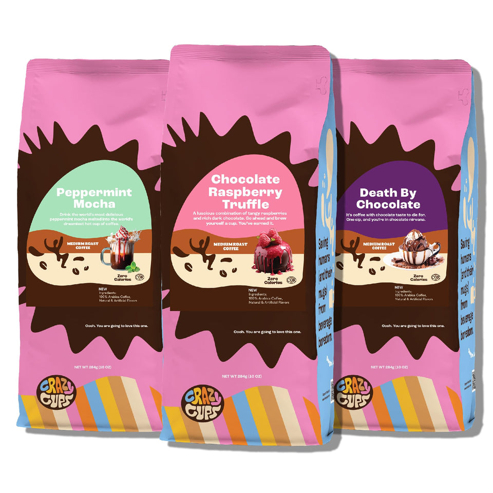Crazy Cups Death By Chocolate ground coffee bag, rich chocolate aroma for morning ritual.
