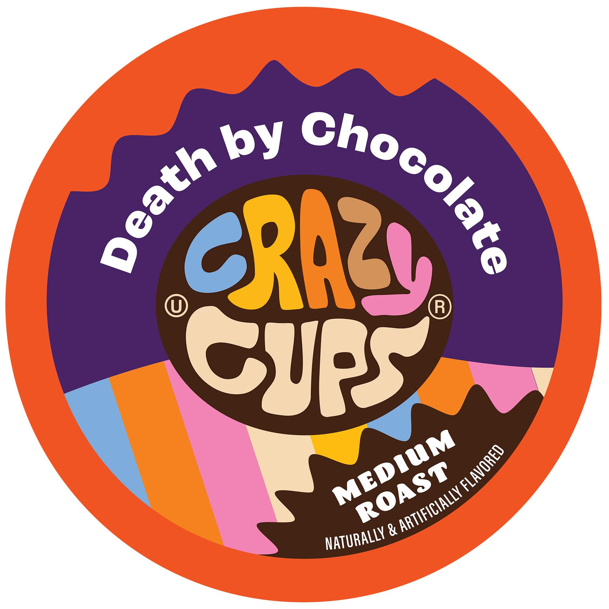 Crazy Cups Death By Chocolate packaging highlights recyclable capsules for home brewing.
