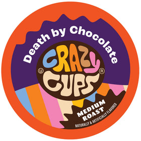 Crazy Cups Death By Chocolate packaging highlights recyclable capsules for home brewing.
