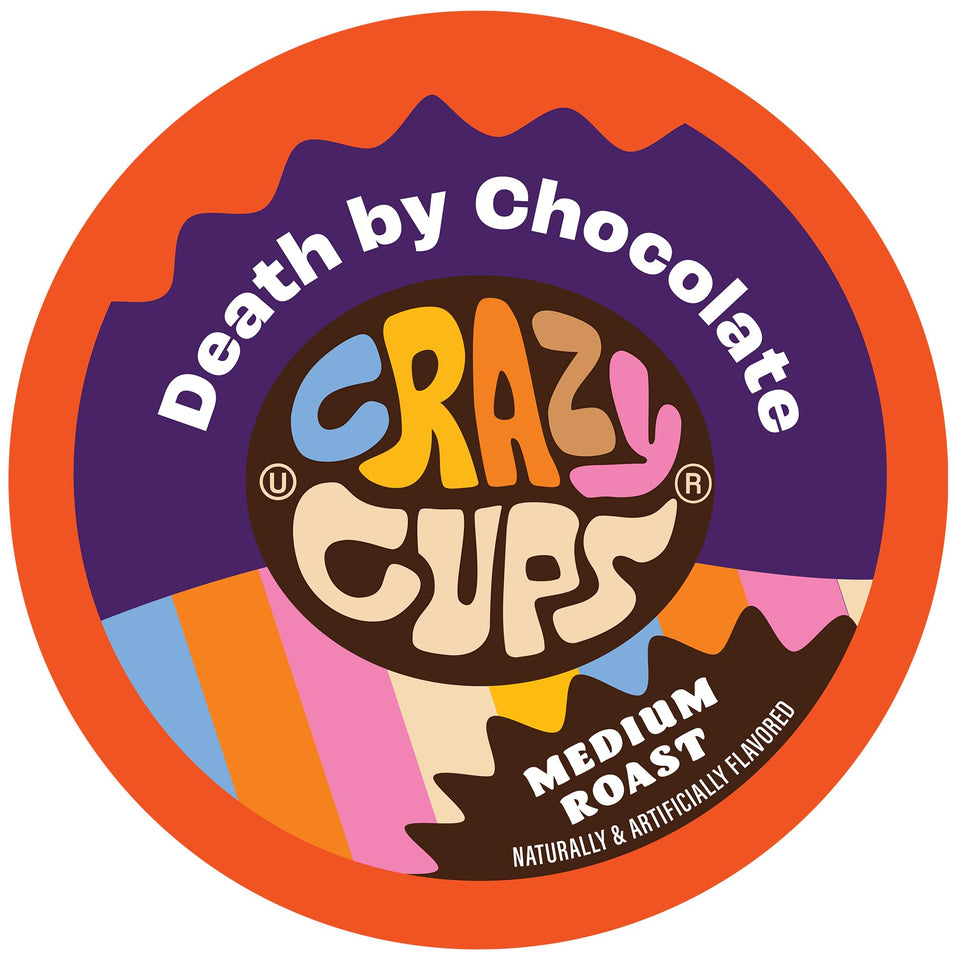 Crazy Cups Death By Chocolate packaging highlights recyclable capsules for home brewing.