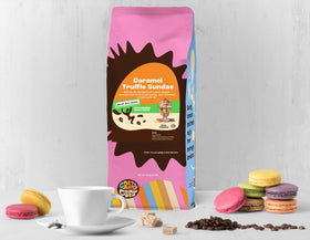 Crazy Cups decaf caramel coffee iced brew showing smooth flavor for refreshing cold drinks.