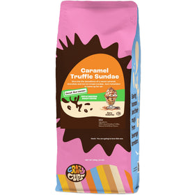 Crazy Cups Decaf Caramel Truffle Sundae ground coffee with rich aroma for late-night enjoyment.