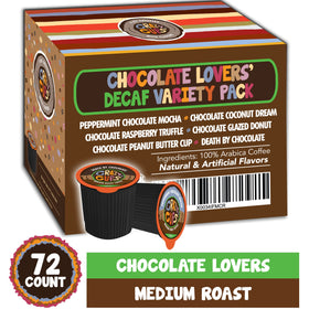 Close-up of Crazy Cups decaf pods reveals rich chocolate aroma.