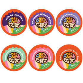 Crazy Cups decaf chocolate pods variety pack front, showcasing a 24-count value.