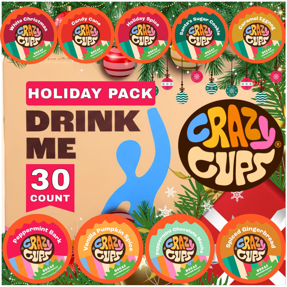 Crazy Cups decaf Christmas coffee pods box for festive sampler and quick Keurig brewing.