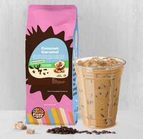 Close-up of Crazy Cups Decaf Coconut Caramel coffee beans—naturally flavored.