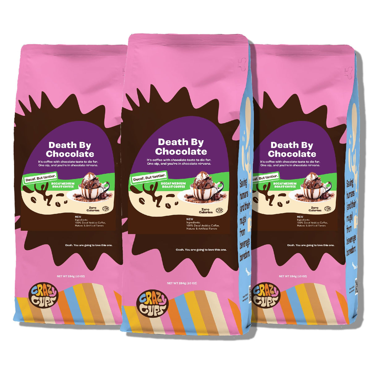 Crazy Cups decaf Death by Chocolate bag shows rich chocolate flavored coffee for dessert-like moments