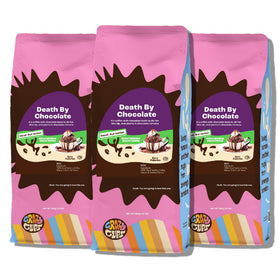 Crazy Cups decaf Death by Chocolate bag shows rich chocolate flavored coffee for dessert-like moments