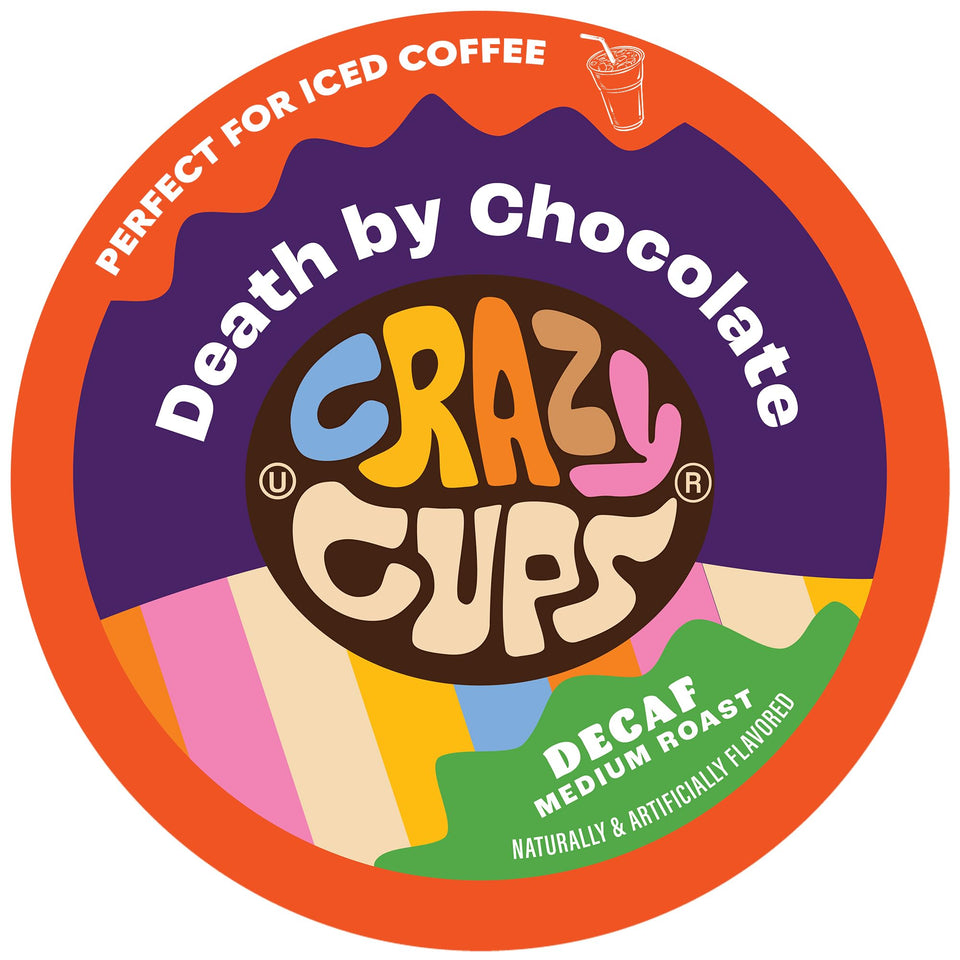 Crazy Cups Death by Chocolate decaf 22-count box for Keurig brewers, ready to brew.