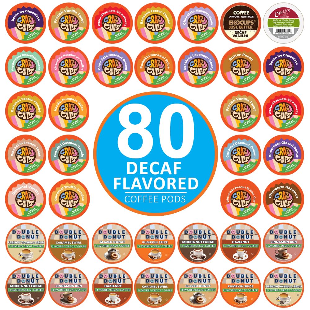 Crazy Cups decaf flavored coffee pods collection for Keurig, offering a diverse flavor lineup
