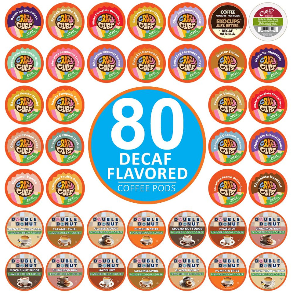 Crazy Cups decaf flavored coffee pods collection for Keurig, offering a diverse flavor lineup