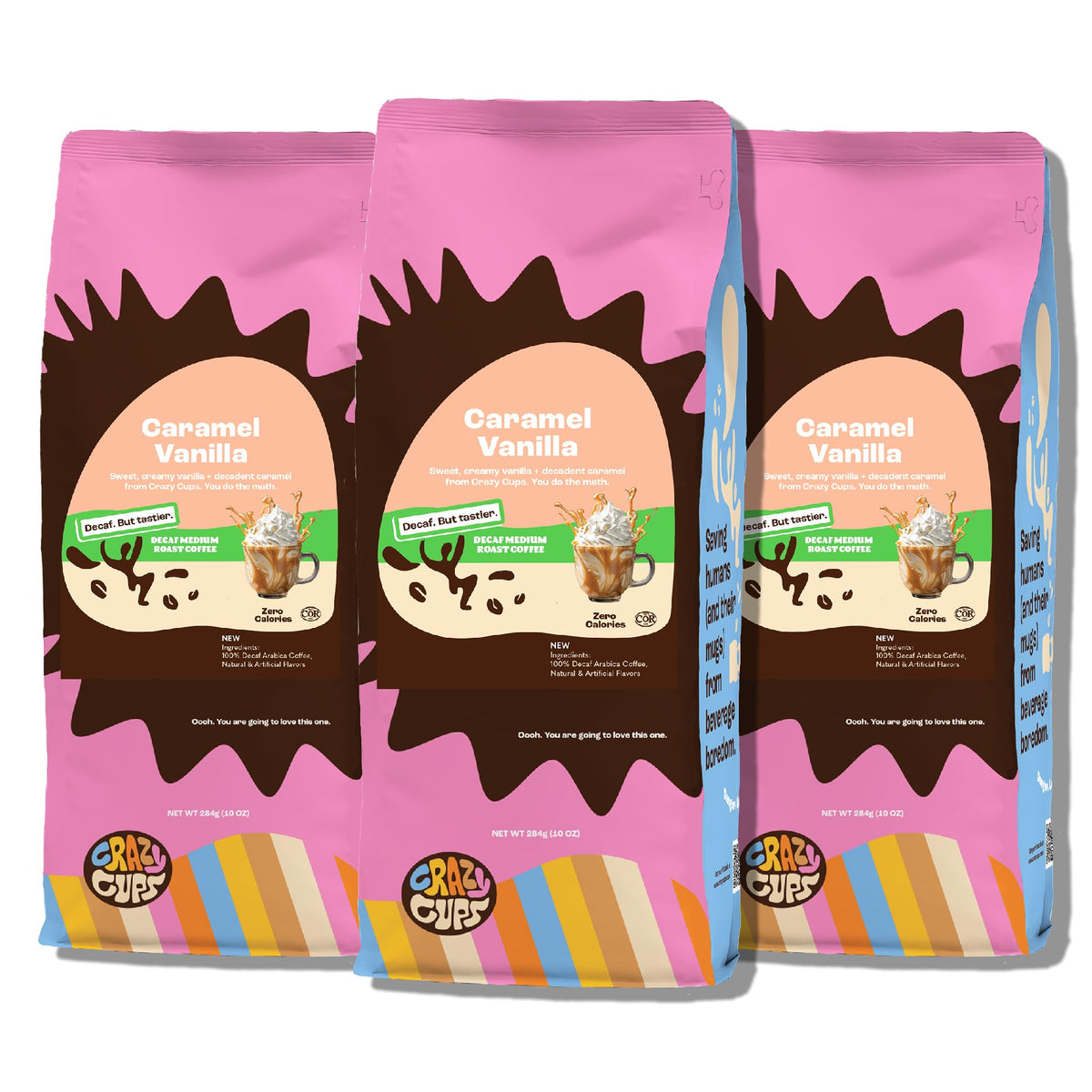 Crazy Cups decaf caramel vanilla flavored coffee in a 10 oz bag, ideal for cozy mornings