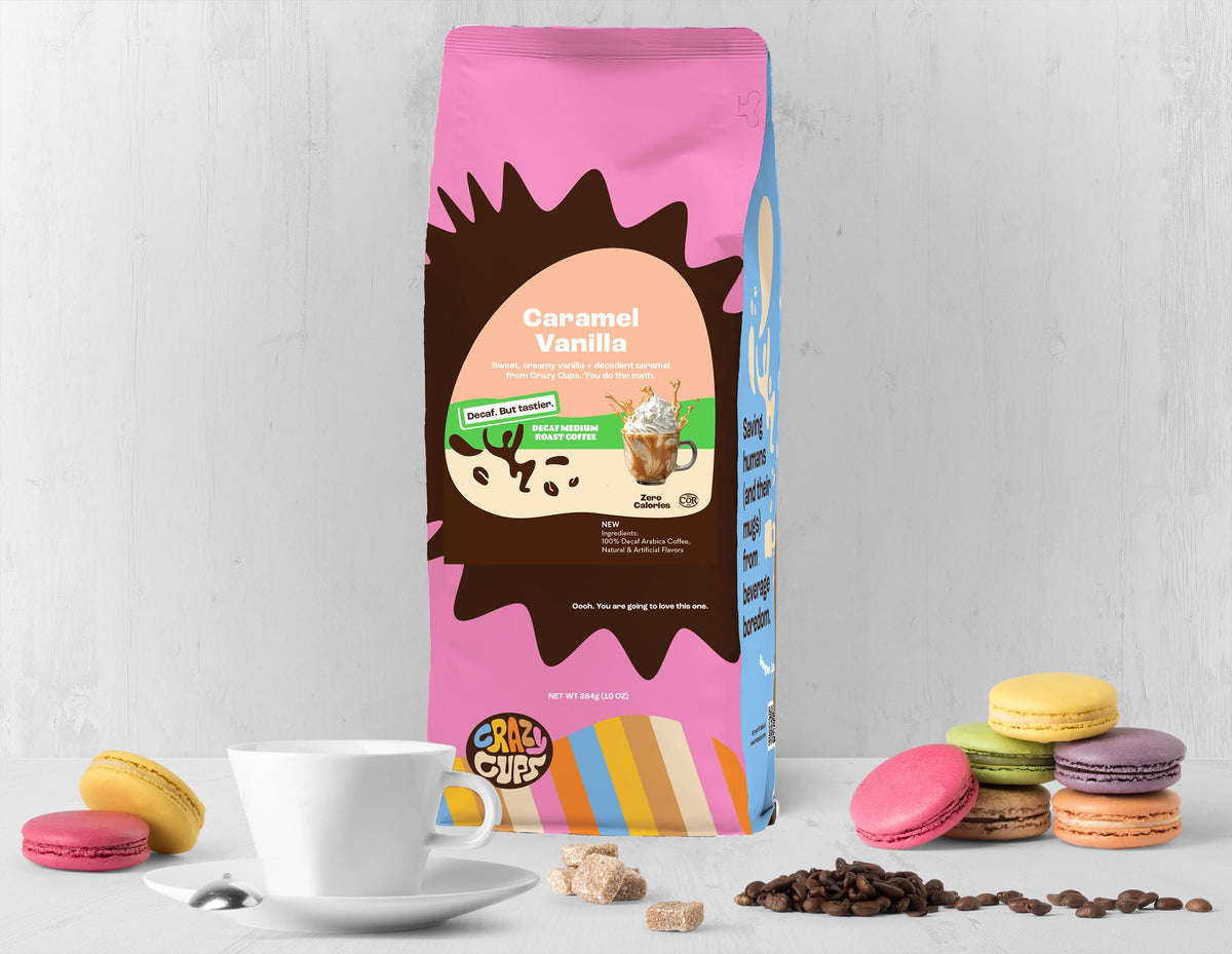 Crazy Cups decaf caramel vanilla flavor close-up, perfect for iced coffee moments