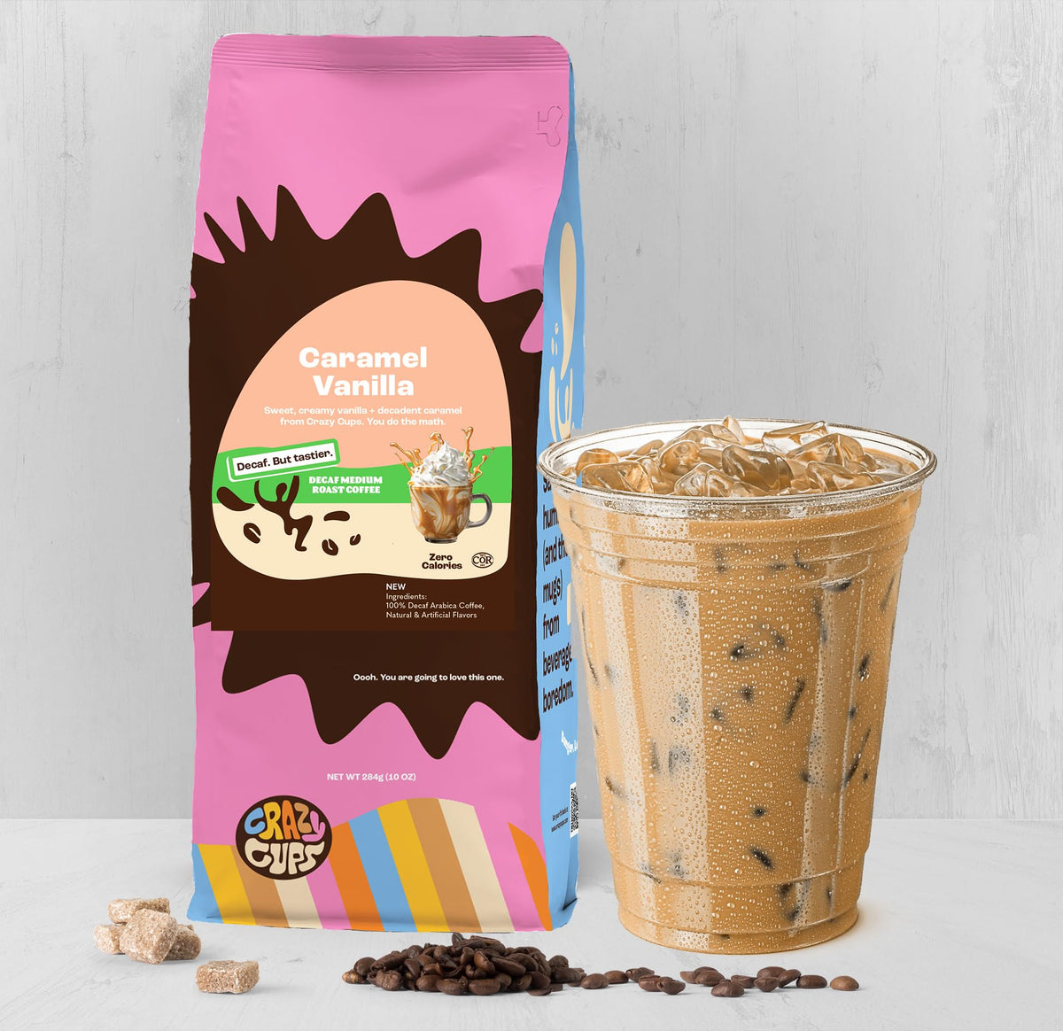 Crazy Cups 10 oz bag on kitchen counter, ready for hot or iced coffee
