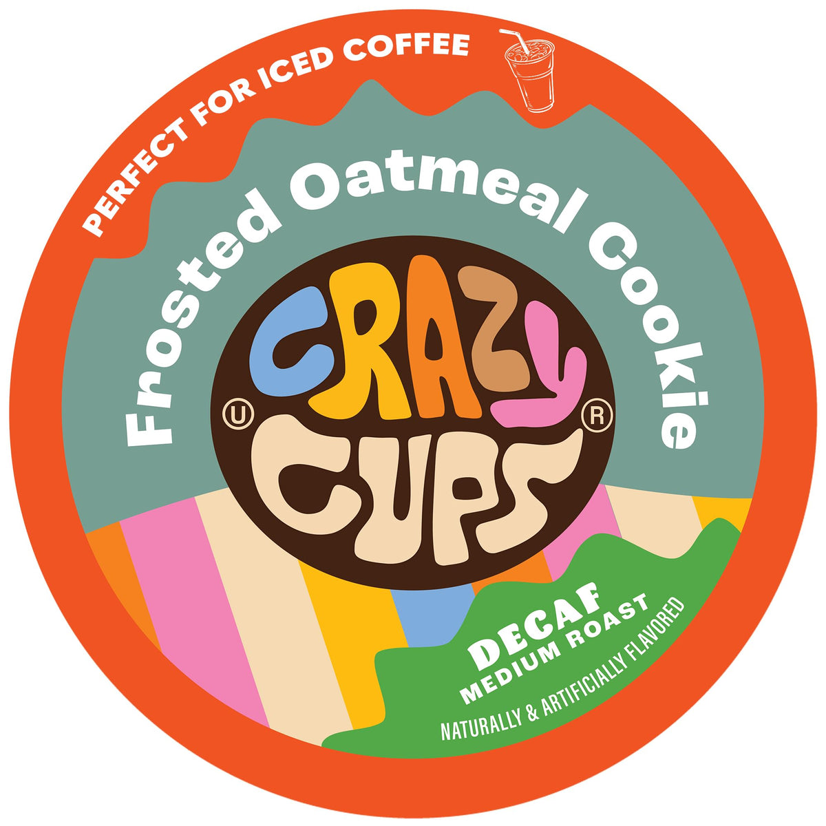 Crazy Cups Decaf Frosted Oatmeal Cookie box front showcases flavor for busy mornings