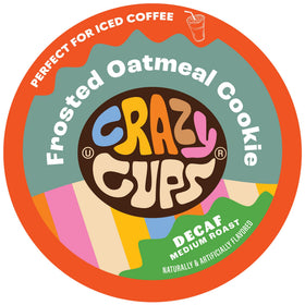 Crazy Cups Decaf Frosted Oatmeal Cookie box front showcases flavor for busy mornings