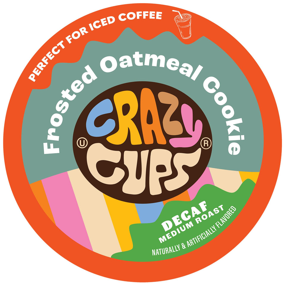 Crazy Cups Decaf Frosted Oatmeal Cookie box front showcases flavor for busy mornings