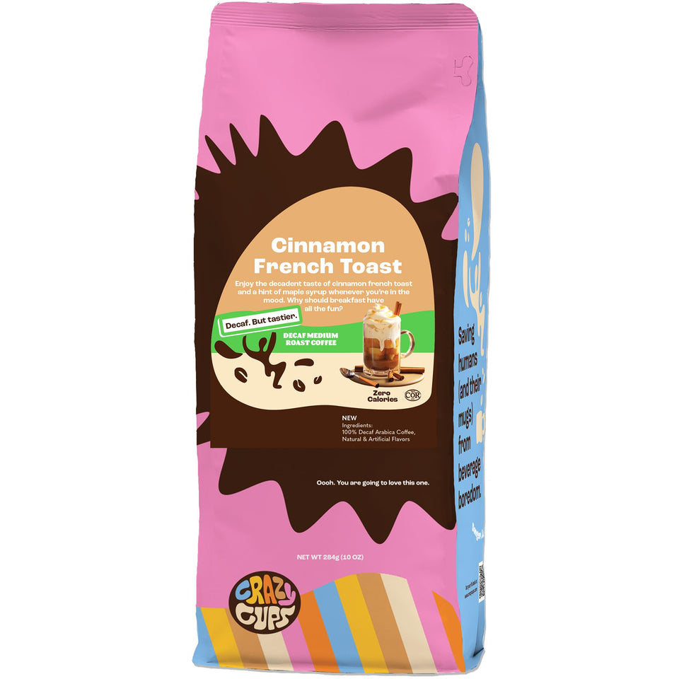 Crazy Cups Decaf Ground Coffee Cinnamon French Toast in bag for rich flavor without caffeine