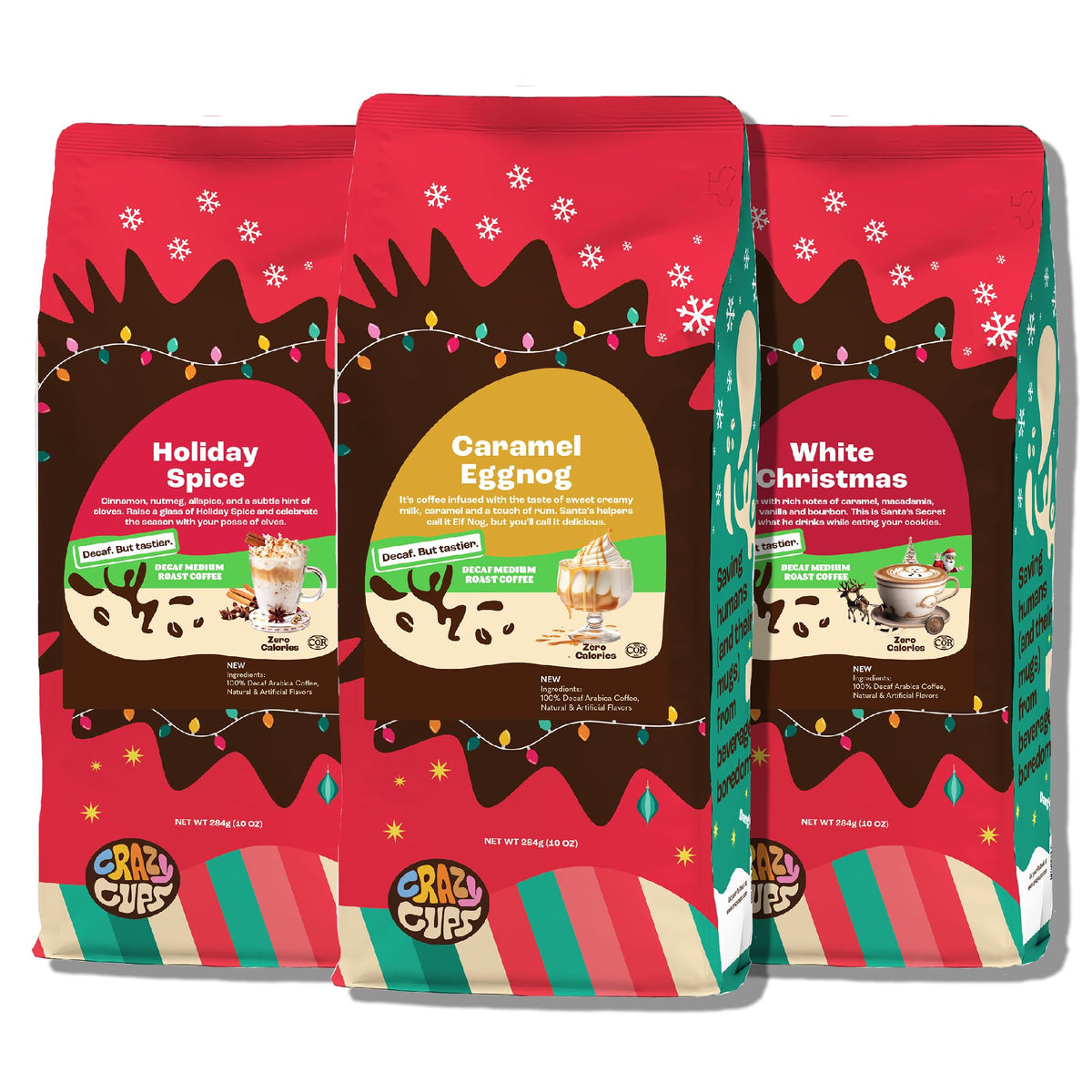 Crazy Cups decaf holiday spice coffee bag closeup with festive aroma