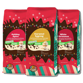 Crazy Cups decaf holiday spice coffee bag closeup with festive aroma