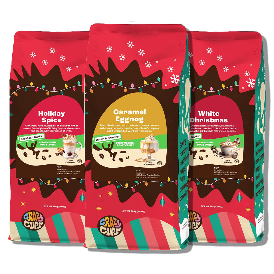 Crazy Cups decaf holiday spice coffee bag closeup with festive aroma