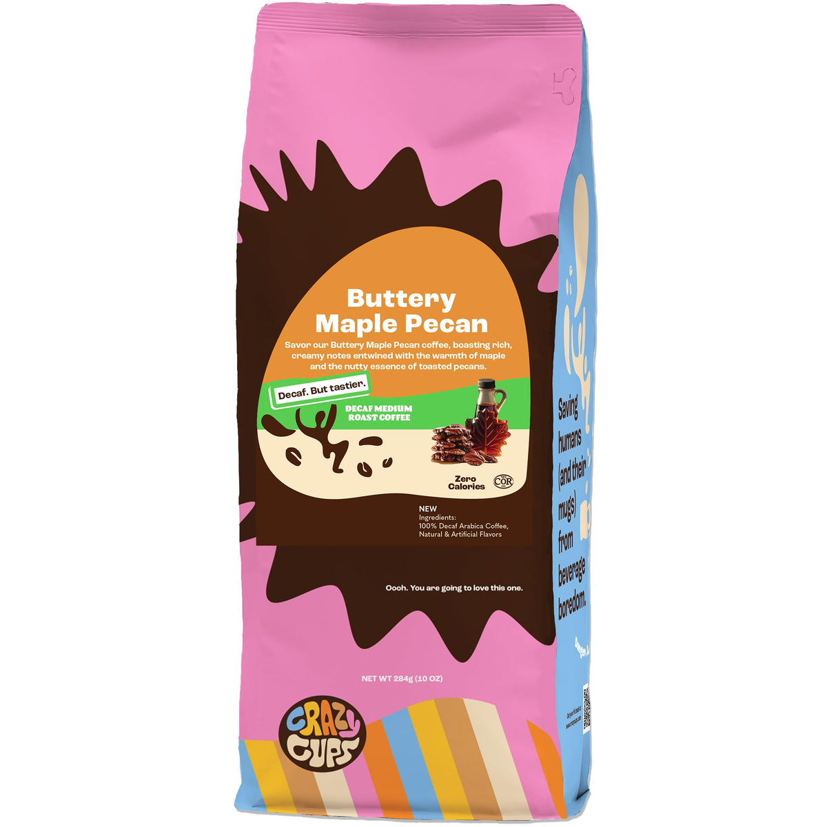 Crazy Cups decaf maple pecan ground coffee in a bag, rich aroma for evening relaxation.