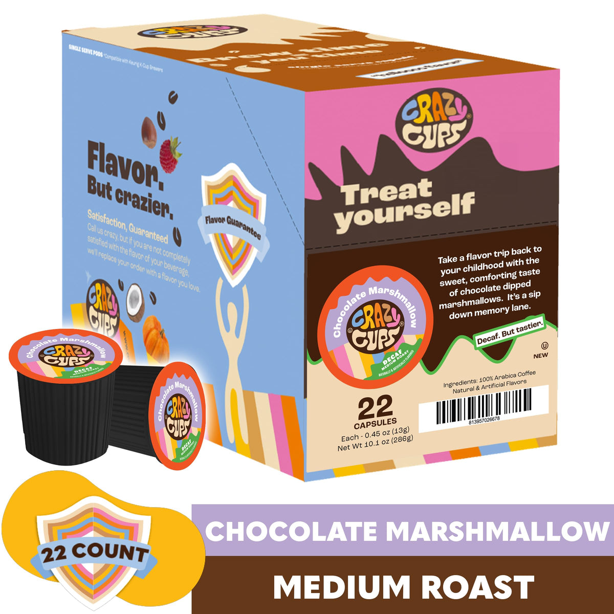 Hot cup prepared with Crazy Cups decaf marshmallow pods delivering warm sweetness