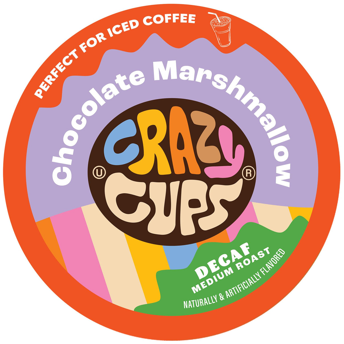 Crazy Cups decaf marshmallow pods packaging highlighting flavor and decaf roast
