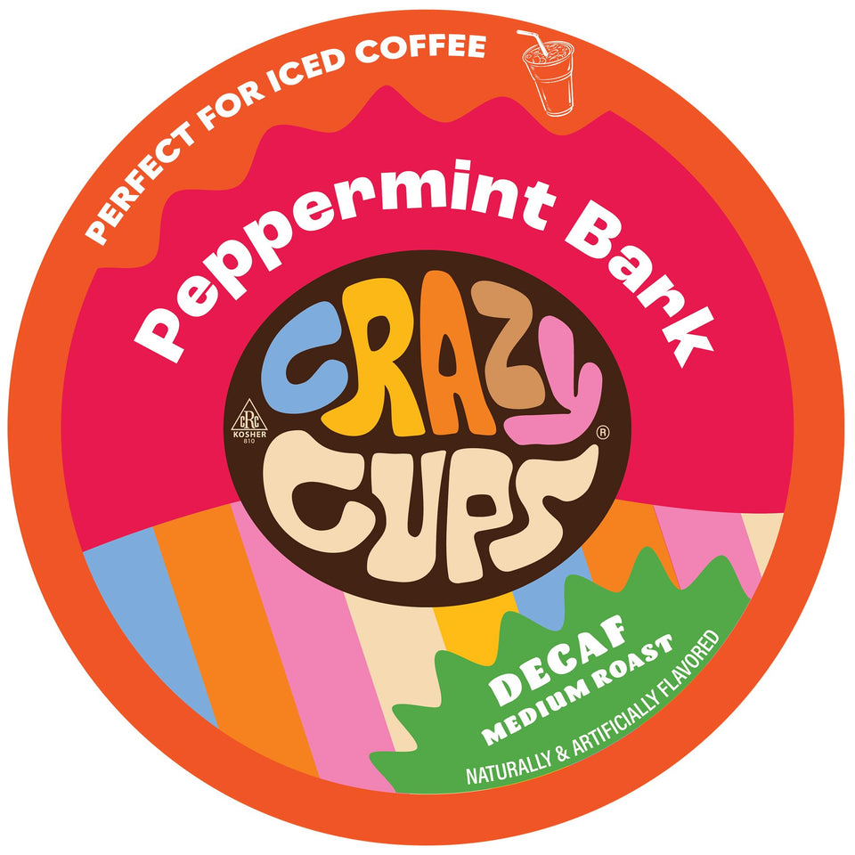 Crazy Cups decaf peppermint bark pod for a cozy hot or iced holiday coffee ritual.