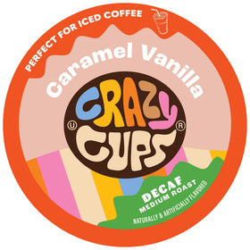 Crazy Cups decaf vanilla caramel pods pack for flavorful caffeine-free brewing.