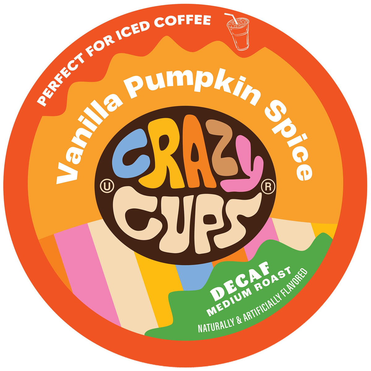 Crazy Cups decaf vanilla pumpkin spice pod front view for flavorful at-home brewing.